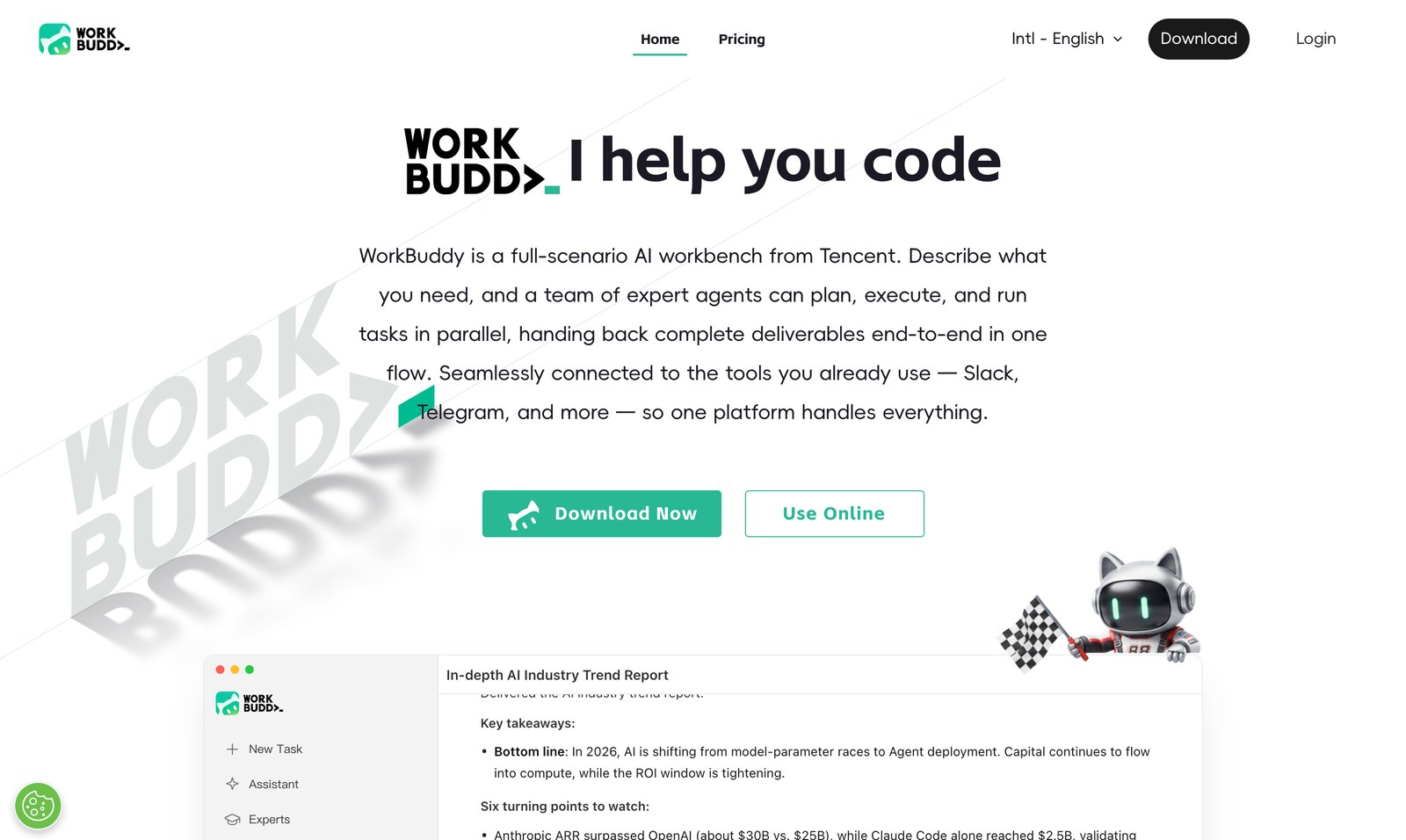 The WorkBuddy desktop app on launch, showing the task input and model selector