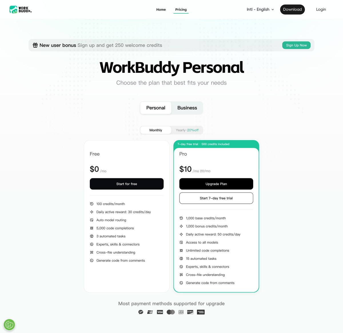 WorkBuddy plan and credit information page